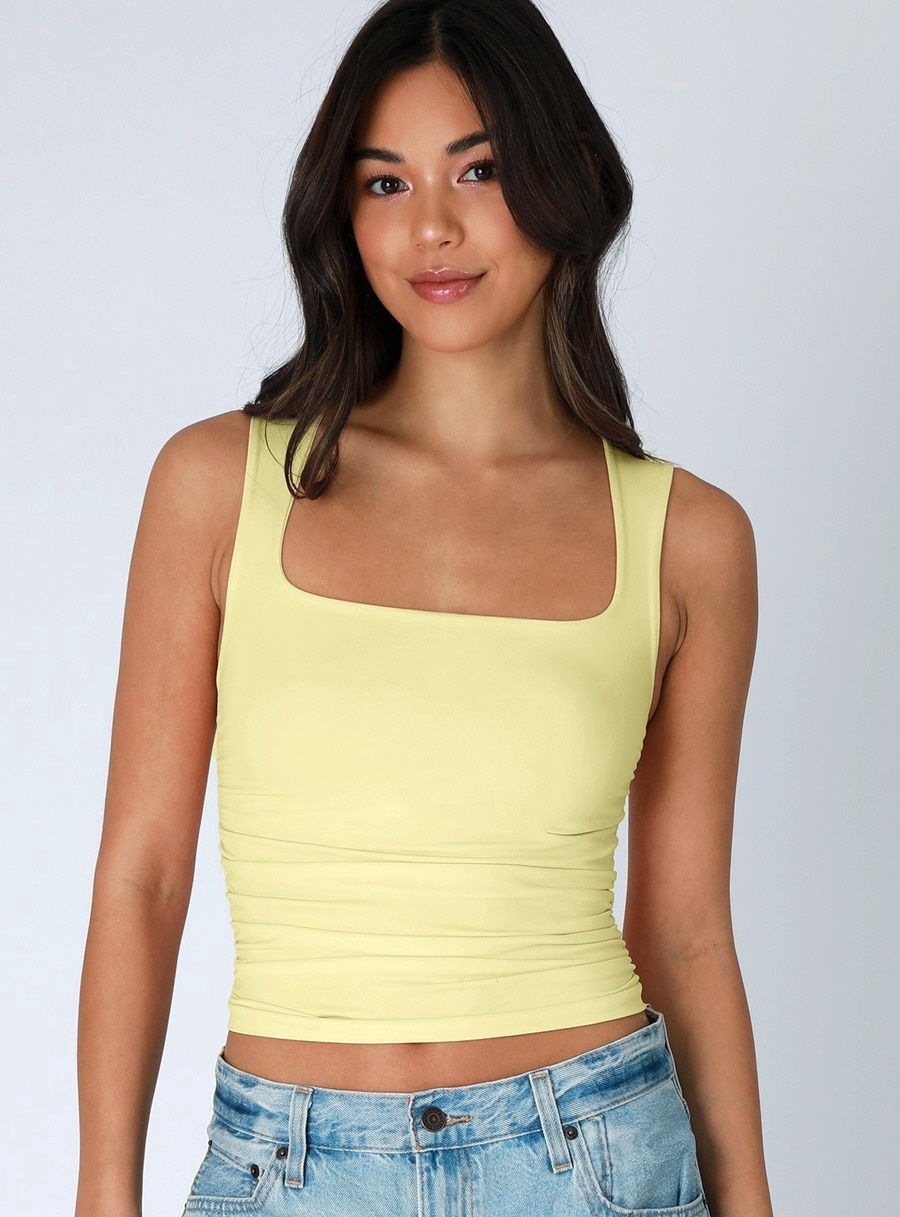 CLEAN LINE SQUARE SHIRRED TOP, COLOR: PALE LEMON