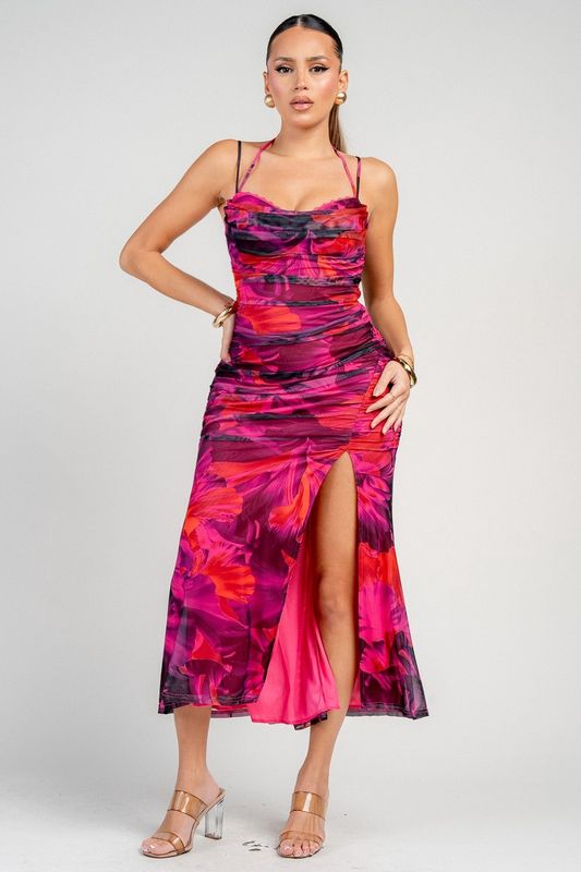 FREESIA GARDEN PRINT MESH MIDI DRESS