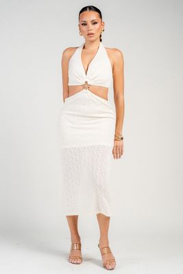 SOLEIL GOLD HALTER KNIT MIDI DRESS