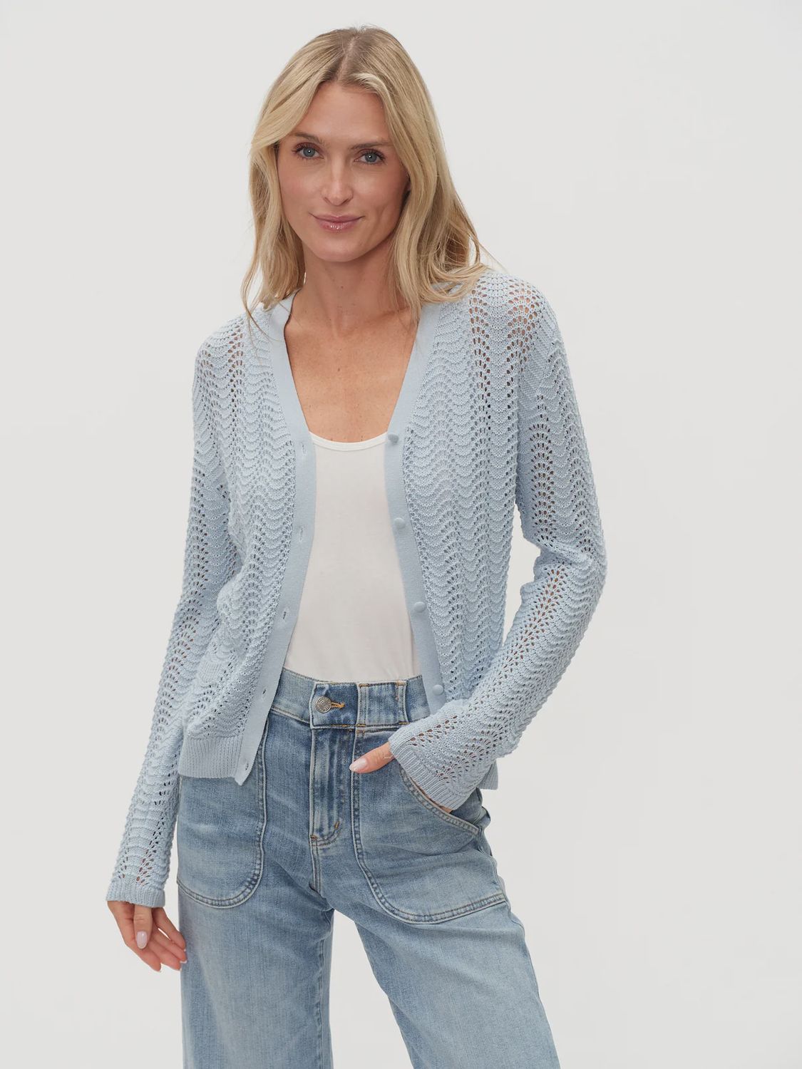 EBONY CROCHET CARDIGAN, Colour: BLUE MIST, Size: XSMALL