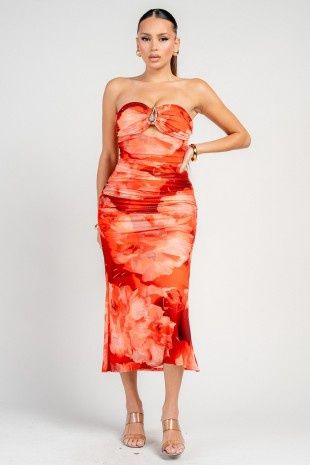 AMAI FLORAL STRAPLESS MIDI DRESS