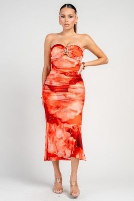 AMAI FLORAL STRAPLESS MIDI DRESS