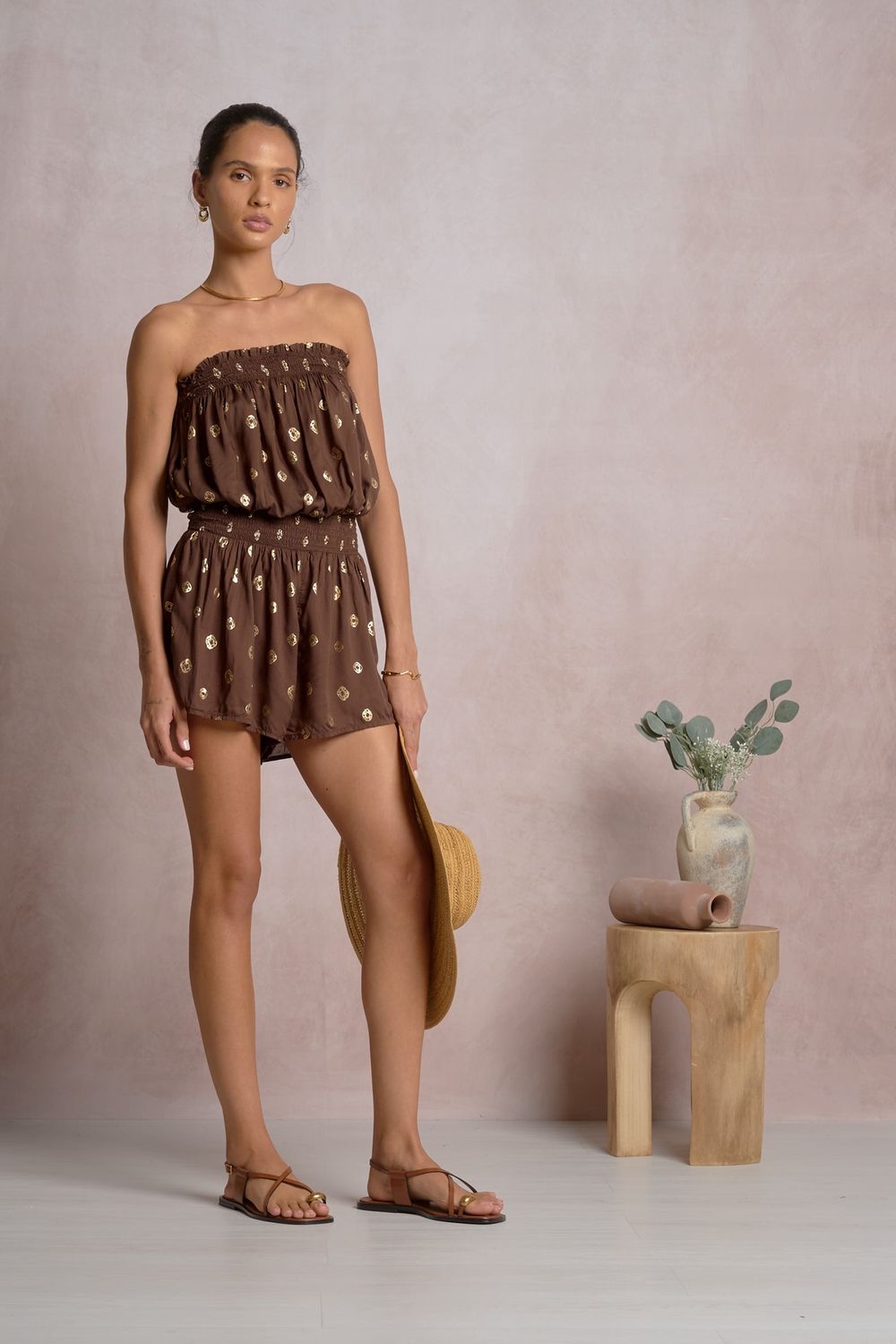 AZURE SEAS STRAPLESS ROMPER, COLOR: BROWN, Size: XSMALL
