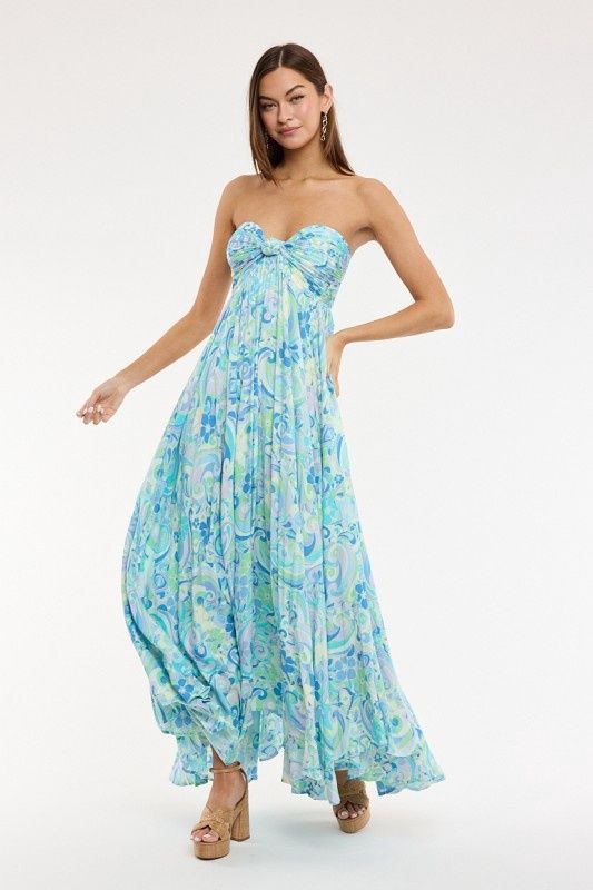 BLUE WAVE PLEAT TUBE MAXI DRESS