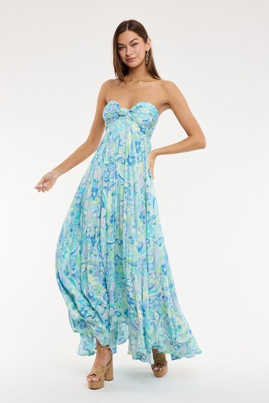BLUE WAVE PLEAT TUBE MAXI DRESS
