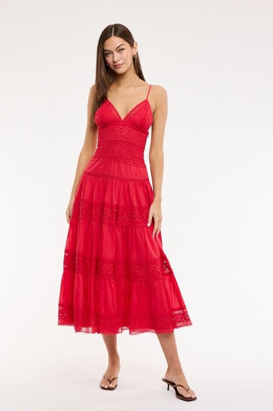 BRIELLA LACE/FLORAL EMBOSSED MIDI DRESS