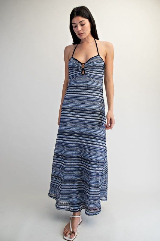 BELIZE STRIPE CROCHET HALTER MAXI DRESS