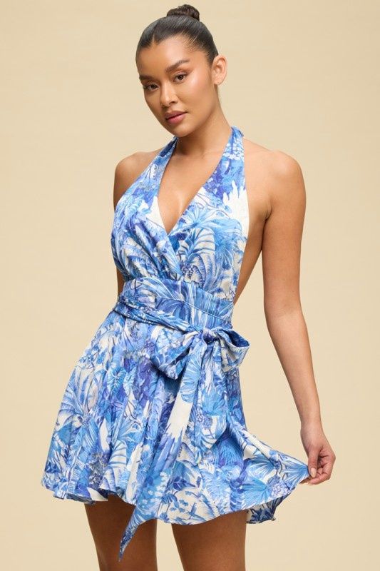 TROPICS SATIN WRAP MINI DRESS