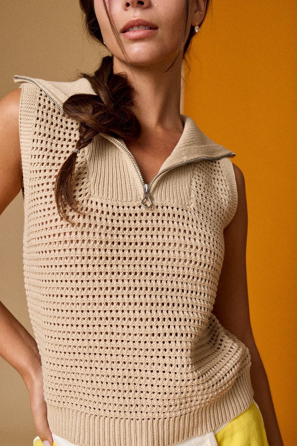 BENNY OPEN KNIT ZIP COLLAR SWEATER