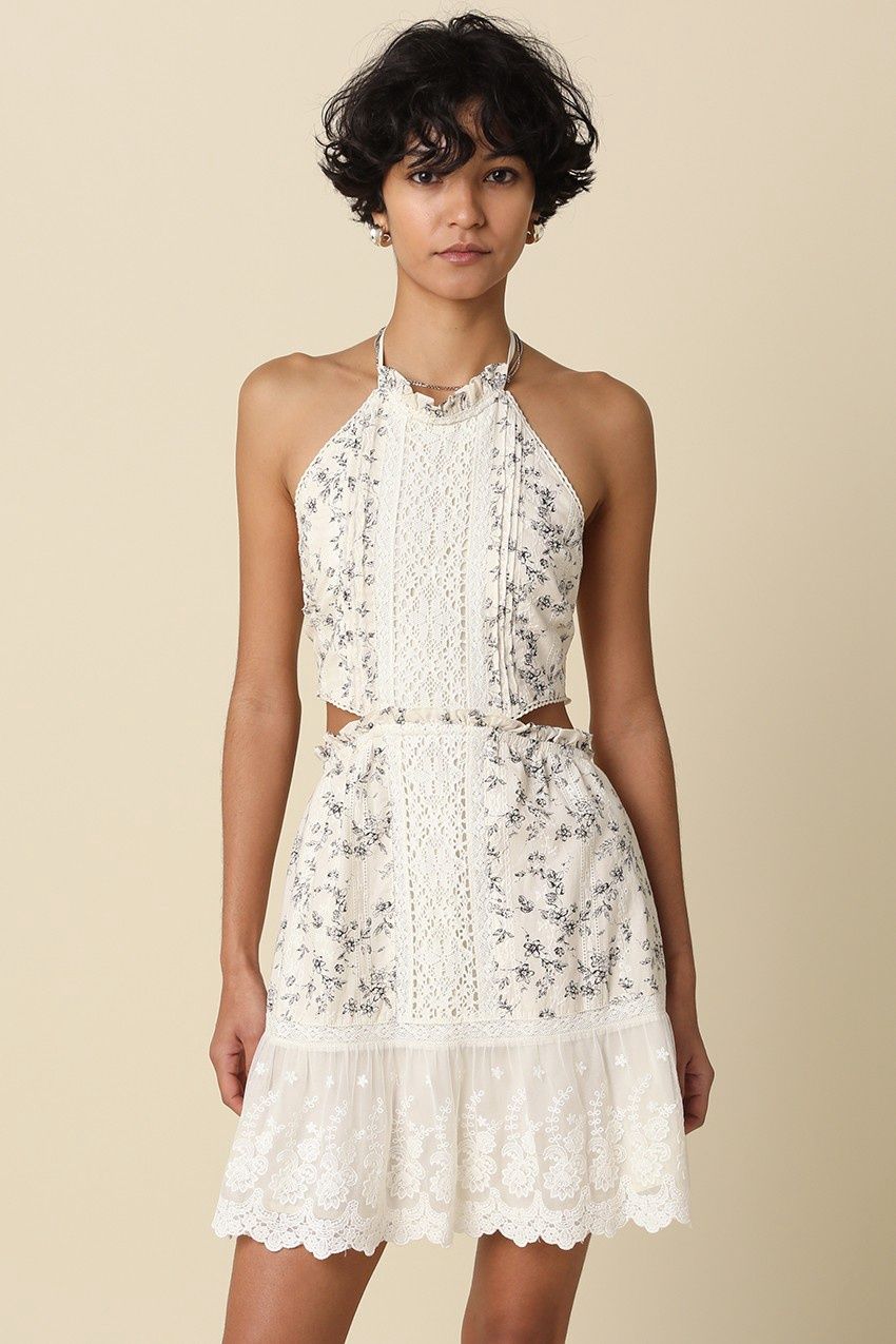 MEADOW LACE HALTER DRESS, COLOR: OFFWHITE/BLACK, Size: SMALL