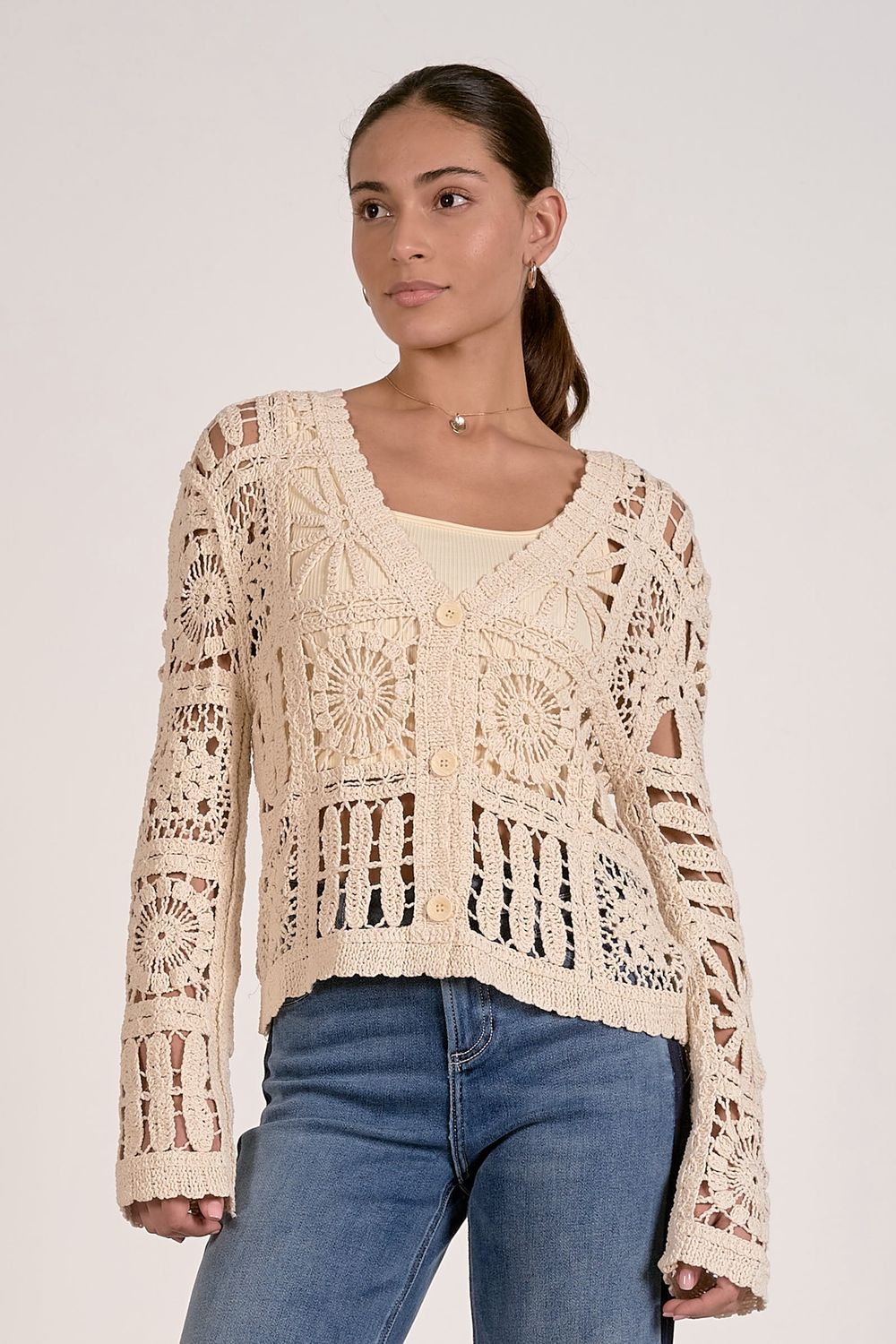SHAY CROCHET CARDIGAN, Colour: NATURAL, Size: XSMALL