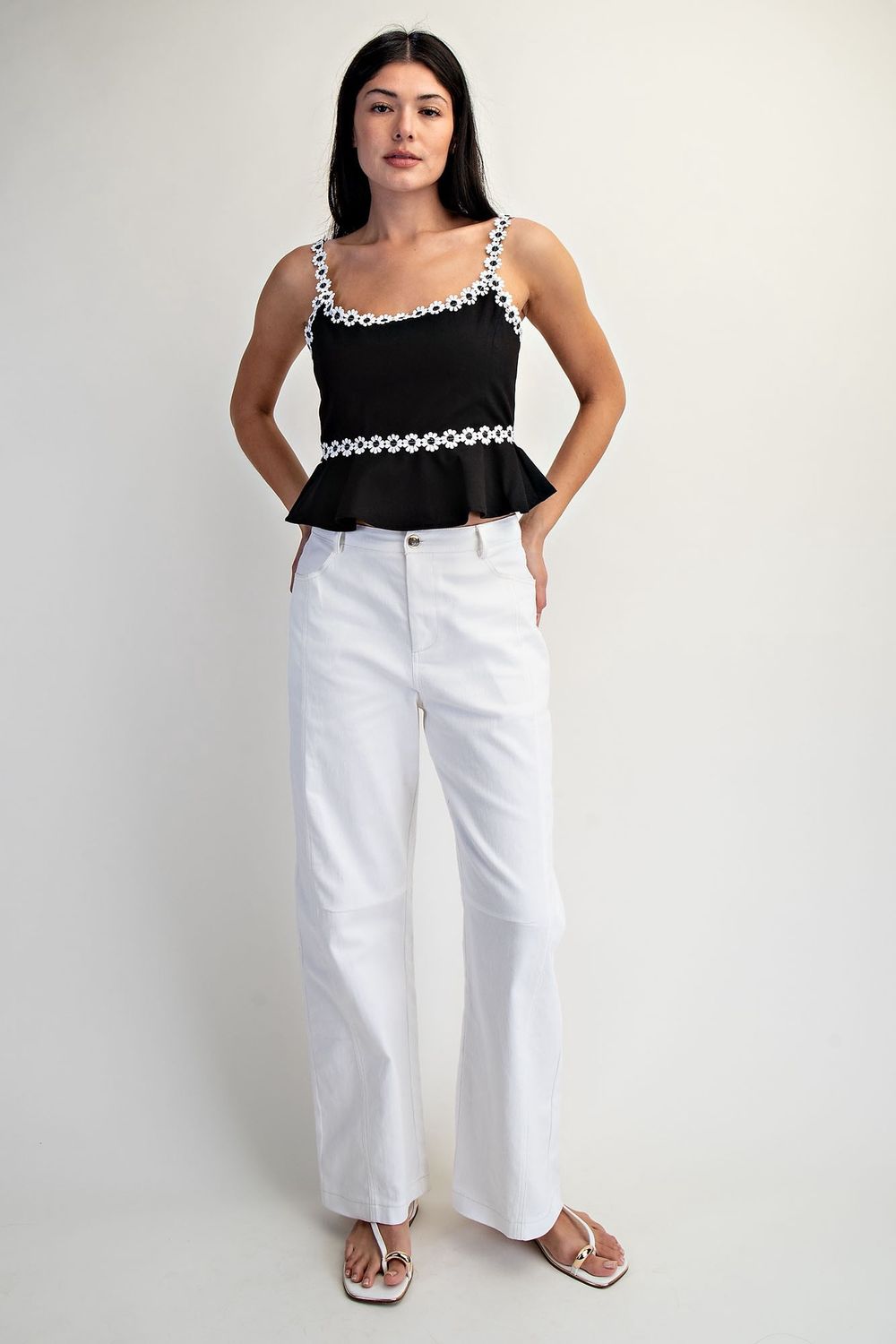 DAISY FLORAL TRIM PEPLUM WOVEN TOP