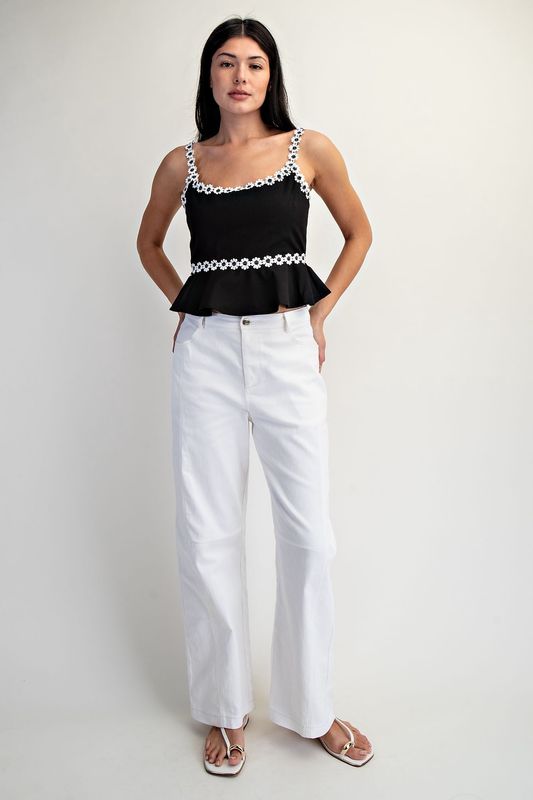 DAISY FLORAL TRIM PEPLUM WOVEN TOP