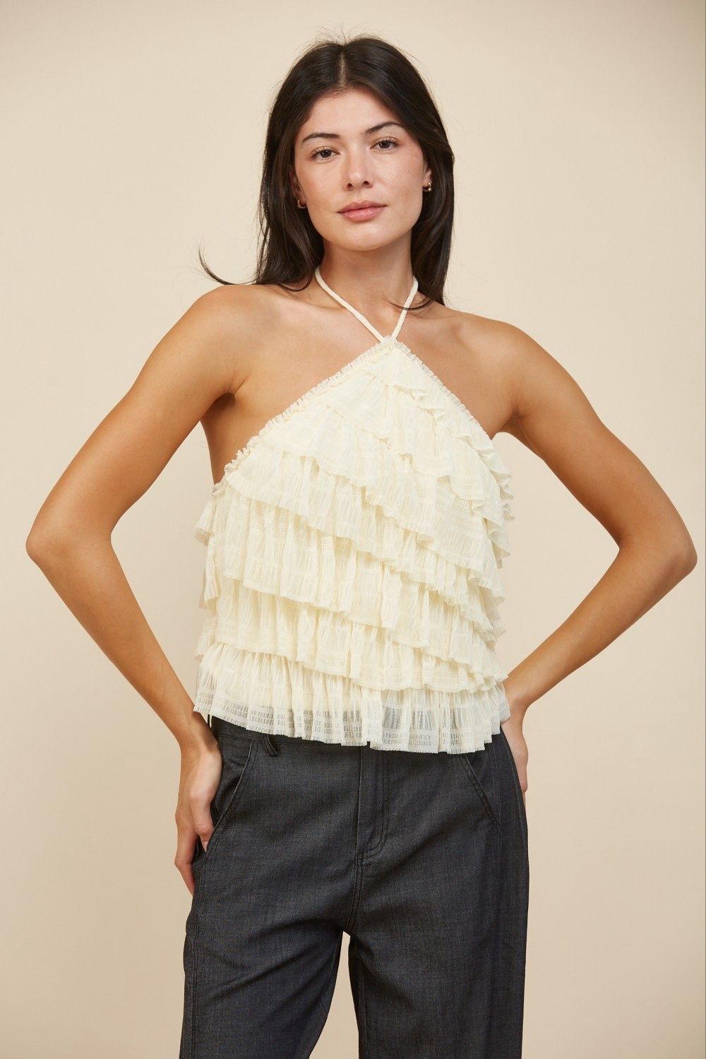 HAZEL HALTER RUFFLE MESH TOP