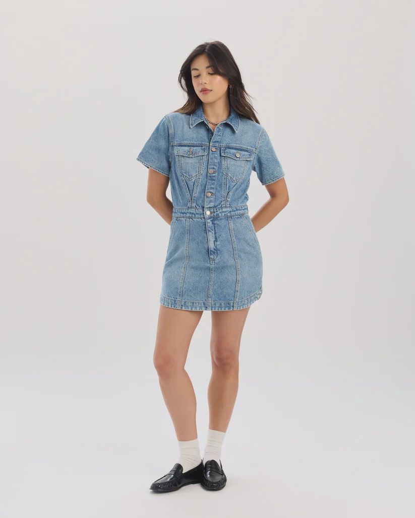 TOPANGA DENIM MINI DRESS, COLOR: PLOT TWIST, Size: XSMALL
