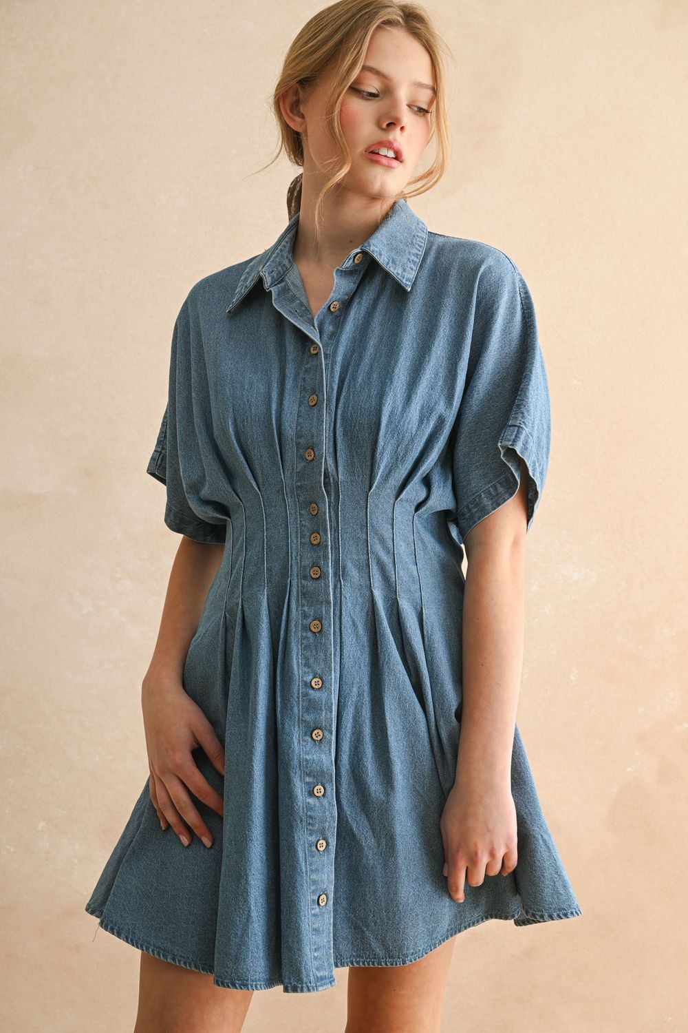 CHAMBRAY DENIM BUTTON DRESS