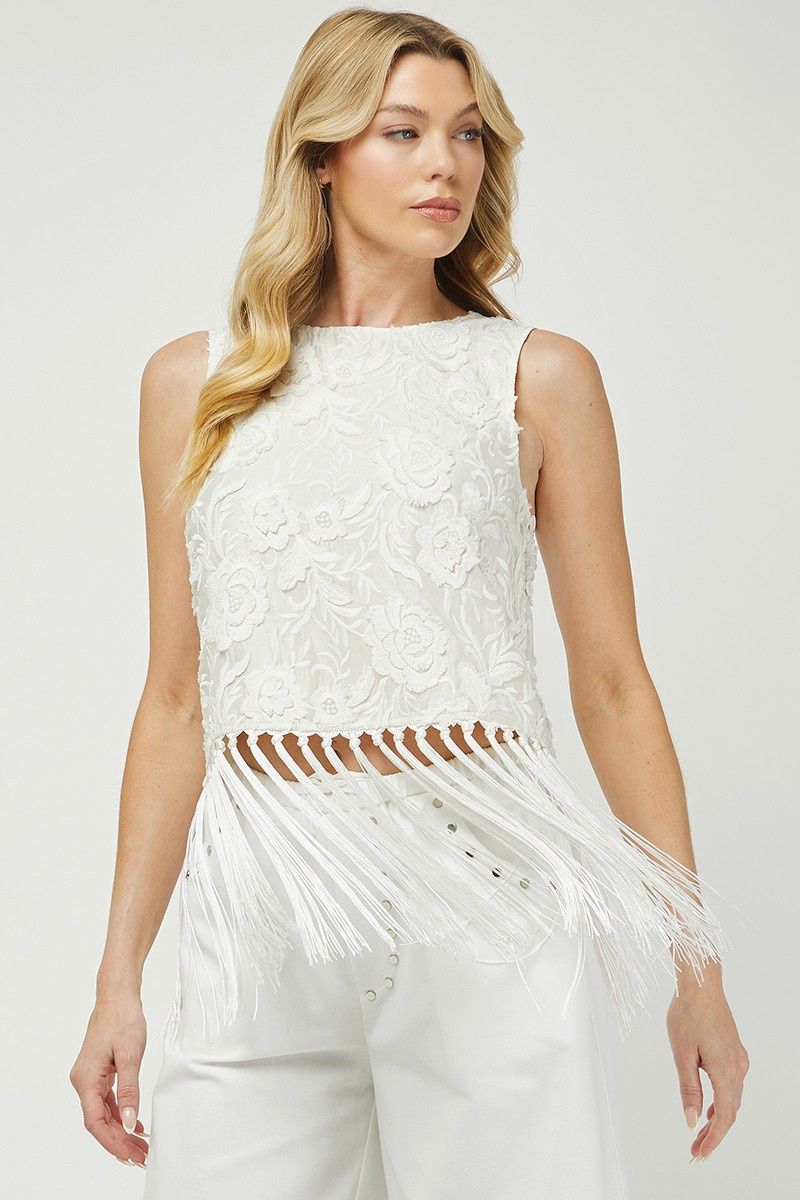 MARBELLA FRINGE EMBROIDERED TOP, COLOR: IVORY, Size: SMALL