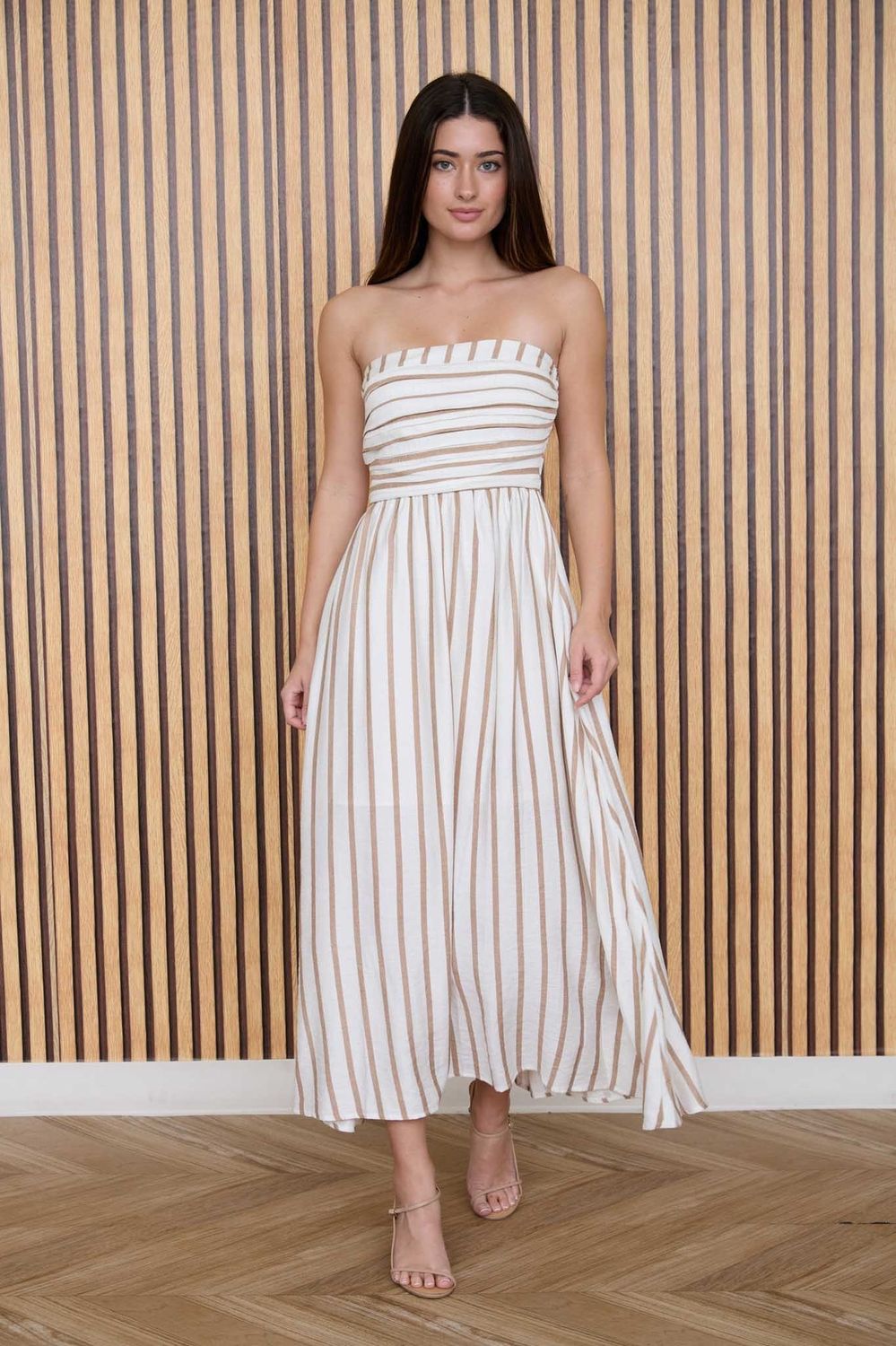 Sadie stripe strapless linen midi dress