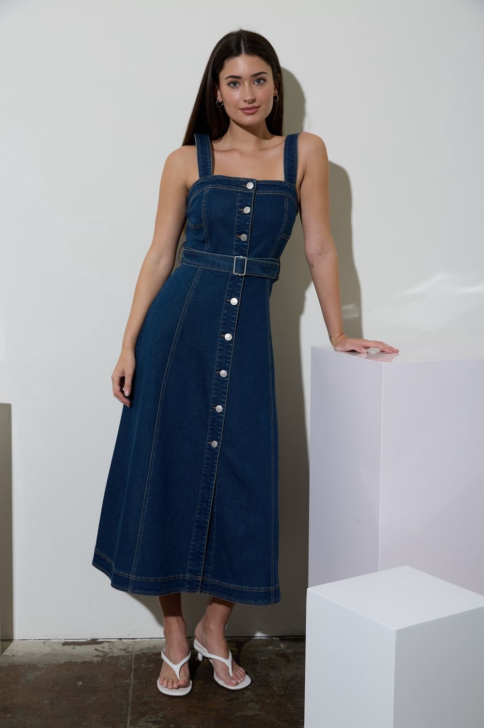 Florence button belt denim midi dress
