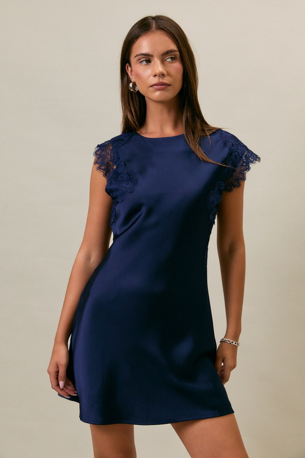 Charlette Satin Lace Trim Mini Dress