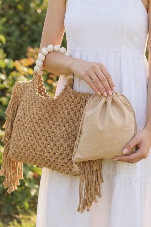 Large Macrame Fringe Market Bag With Braided Strap
