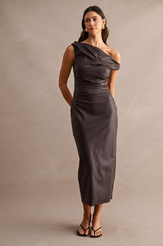 Tiffany vegan leather asymm midi dress
