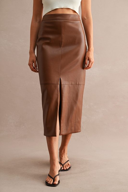 Tania vegan leather slit midi skirt
