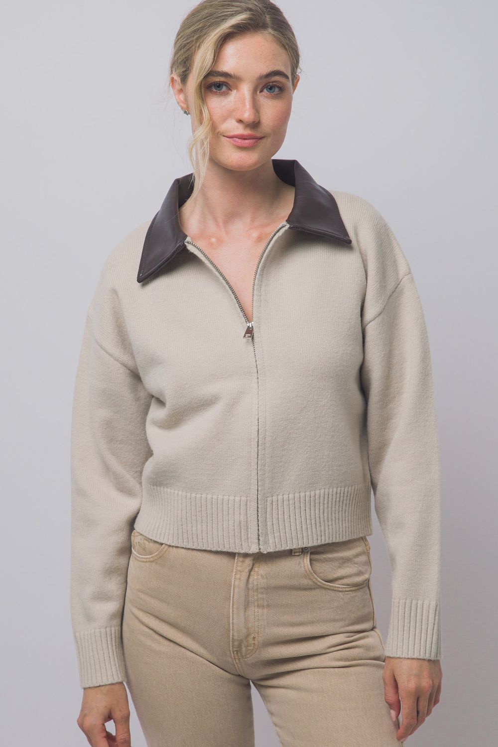 Simkhai leather collar zipup cardigan