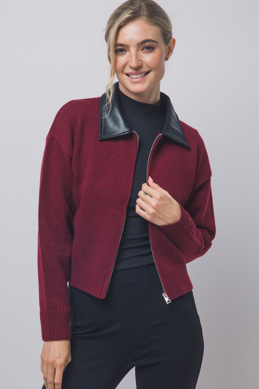 Simkhai leather collar zipup cardigan