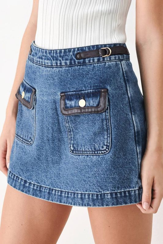 Margot denim skort w leather trim