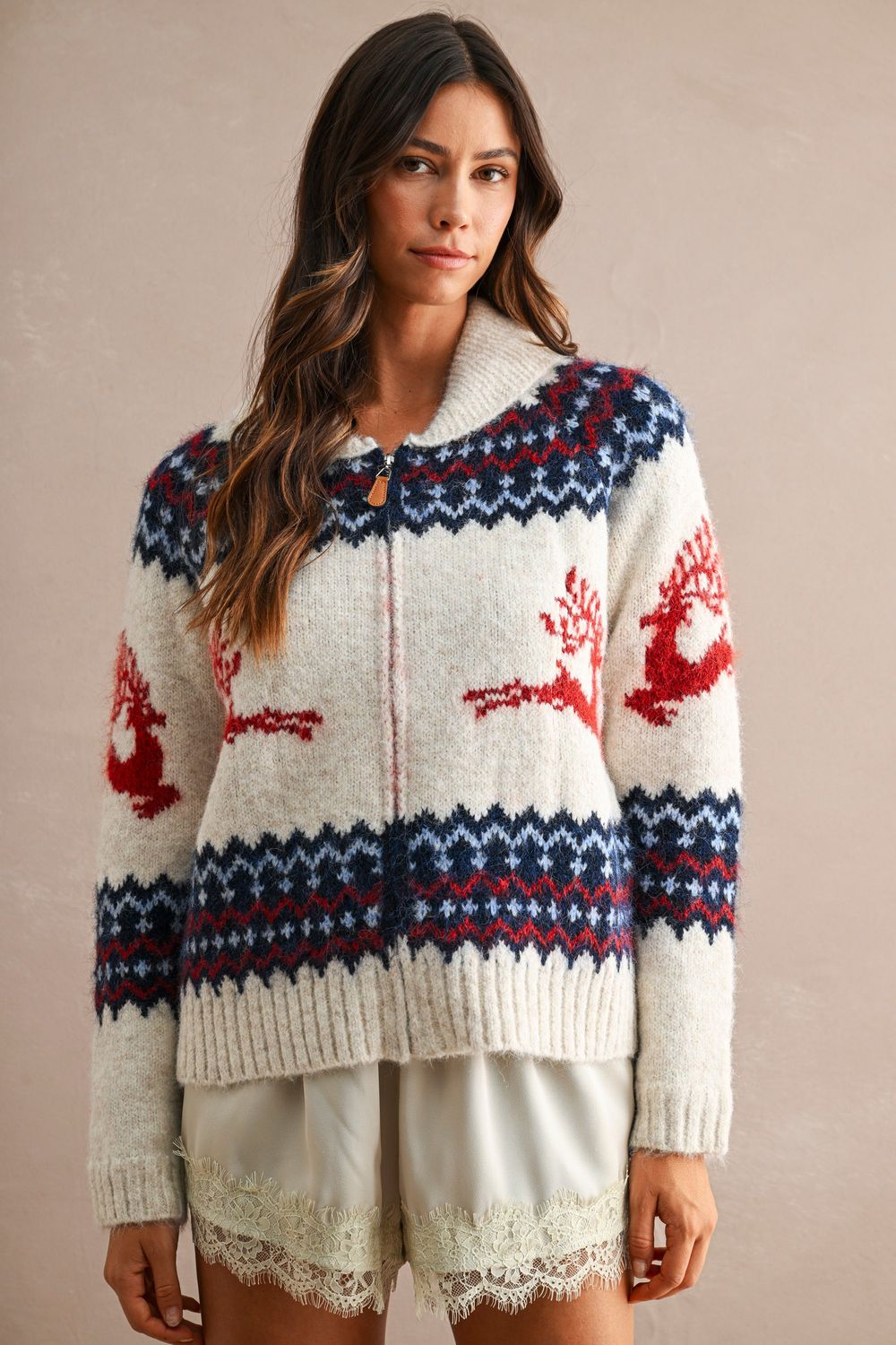 Fairaisle reindeer zipup cardigan sweater