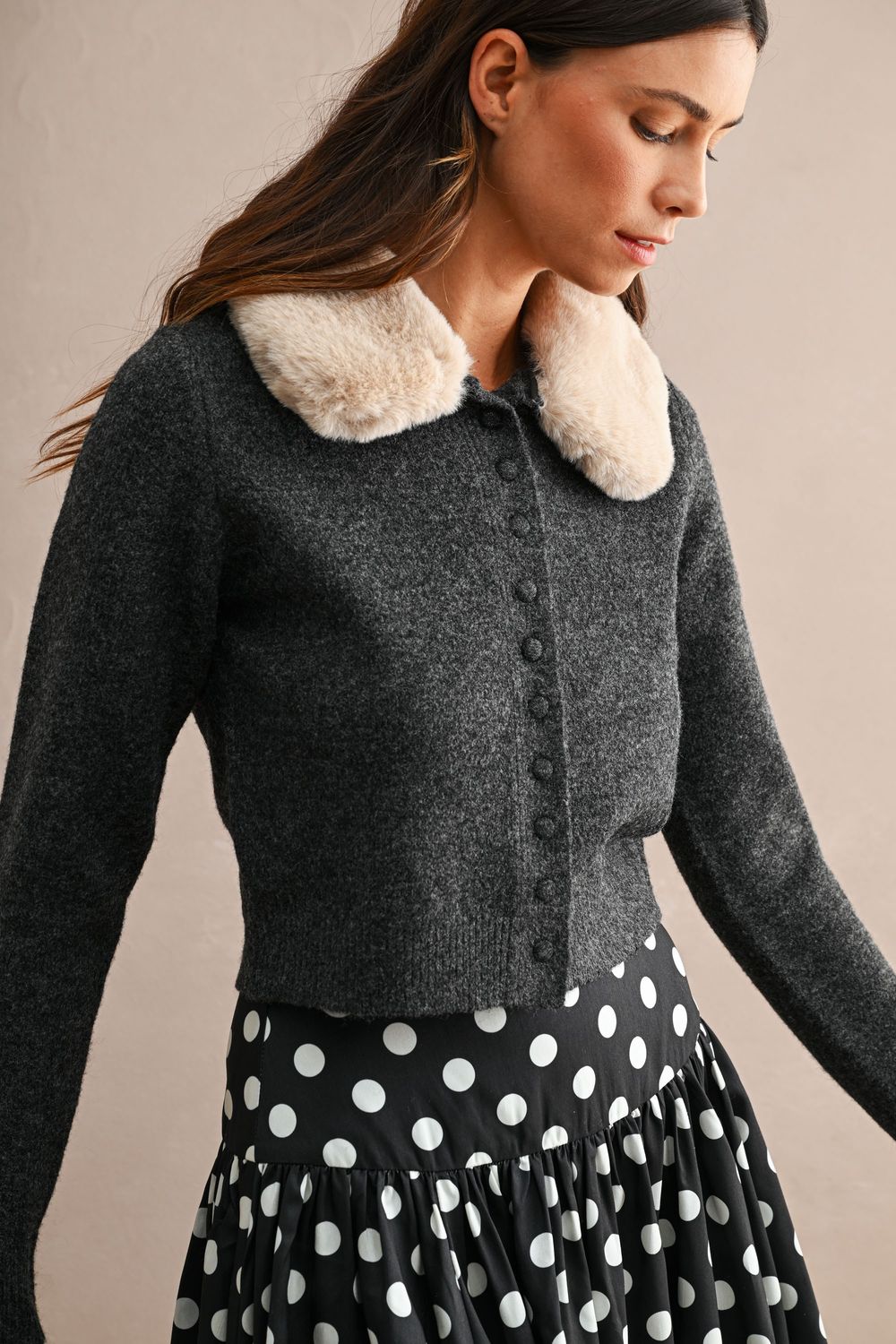 Ivy faux fur collar cardigan sweater