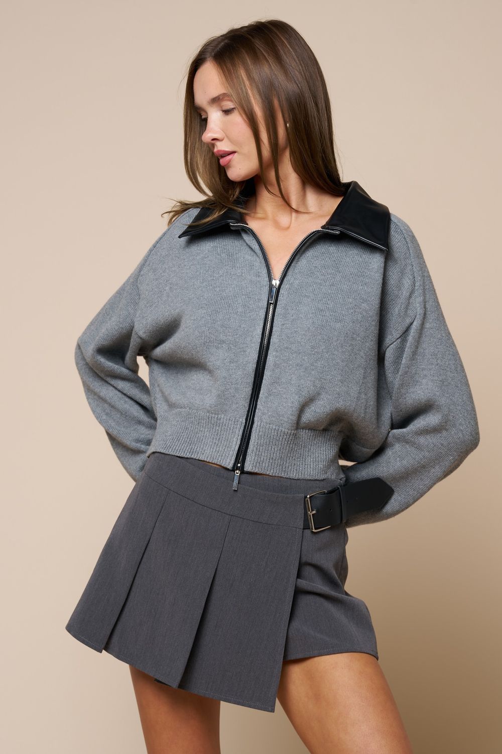 Zeda Knit Zip Leather Collar Jacket