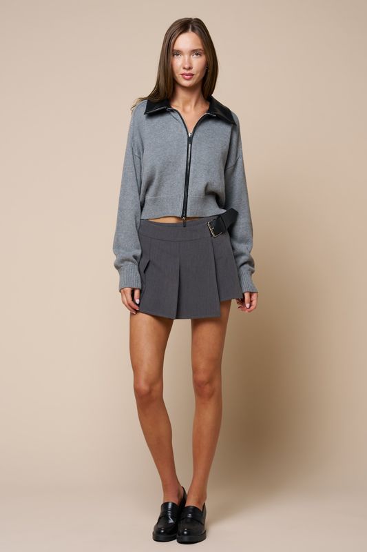 Zeda Knit Zip Leather Collar Jacket