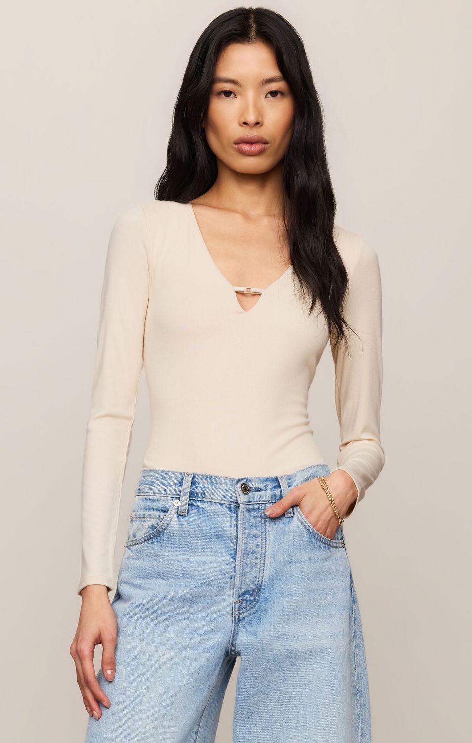 Ginger V-Neck Bodysuit, Colour: CHALK, Size: XSMALL