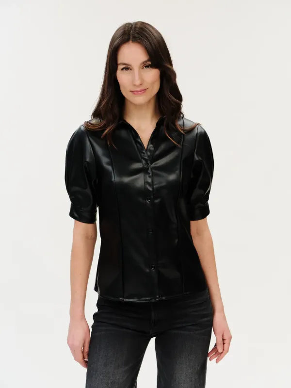 Val Faux Leather Collared Top