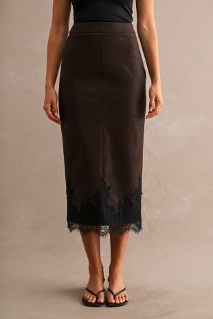 Chocolate Vegan Leather Lace Hem Midi Skirt