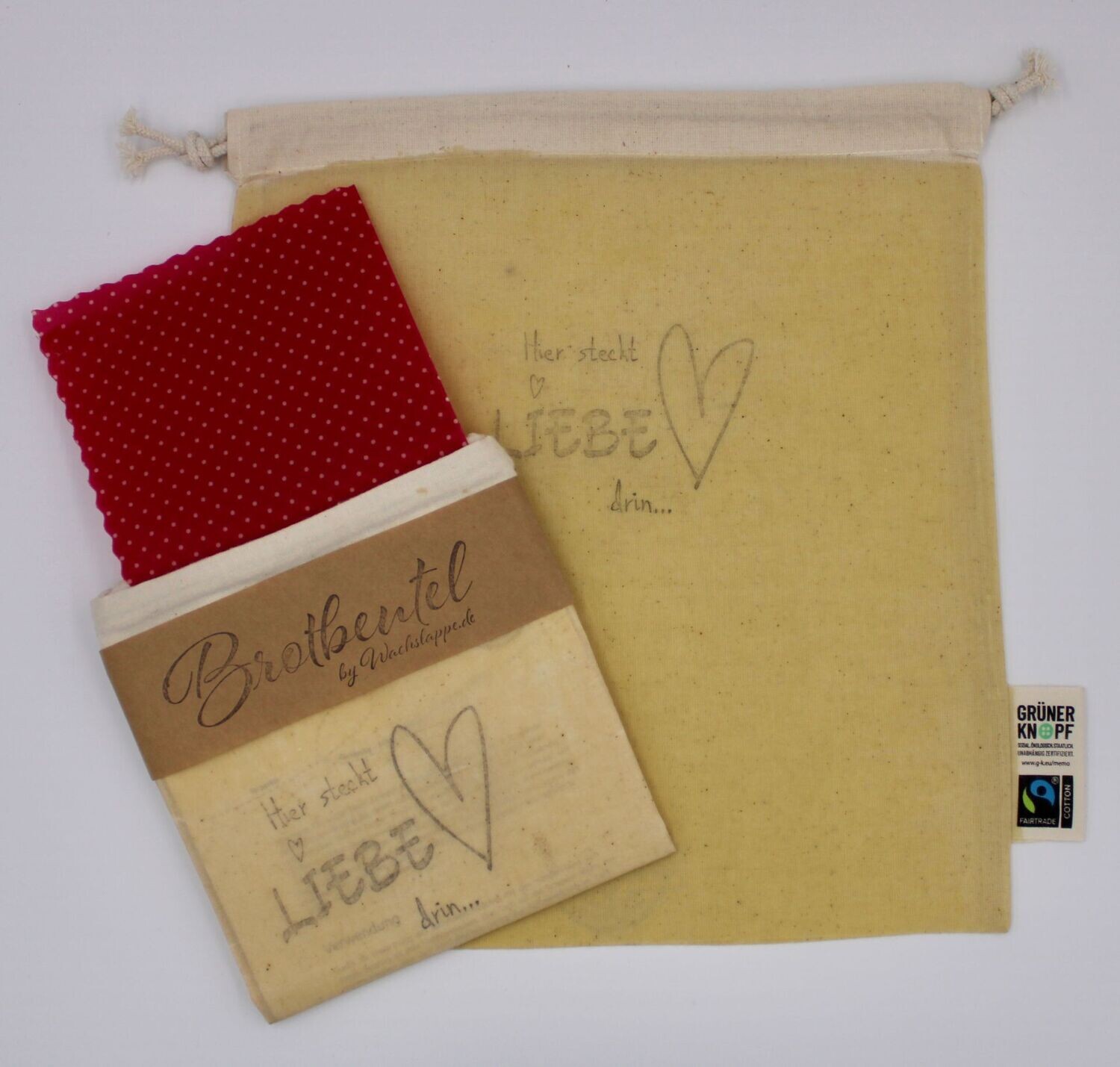Brot- & Vesperbeutel  Größe M  "Hier steckt Liebe drin" 
mit Wachslappe 
25cm x25cm