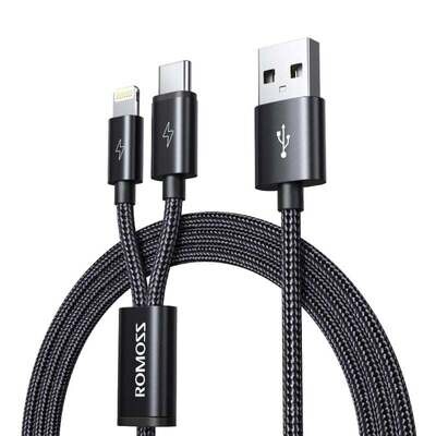 Romoss USB A to Lightning &amp; Type C 1.5m cable Space Grey Nylon Braided Cable