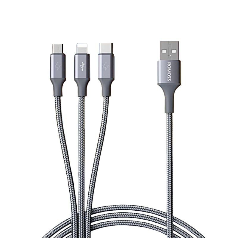 Romoss 3in1 Lightning Charge Sync|Micro USB |Type C to USB 1m Cable – Space Grey