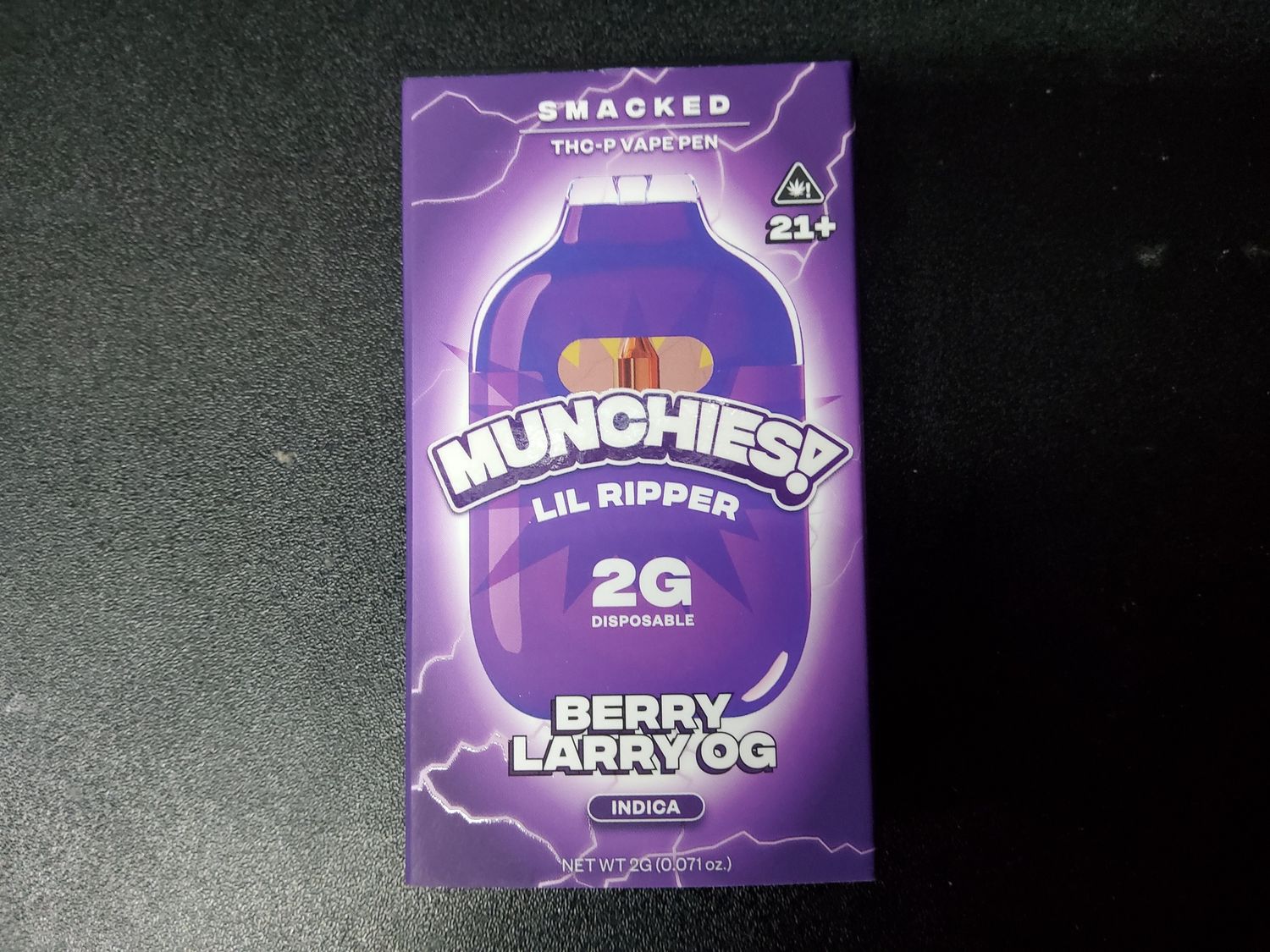 Munchies Lil Ripper Disposables, Strain: Berry Larry OG (indica), THC: THCP