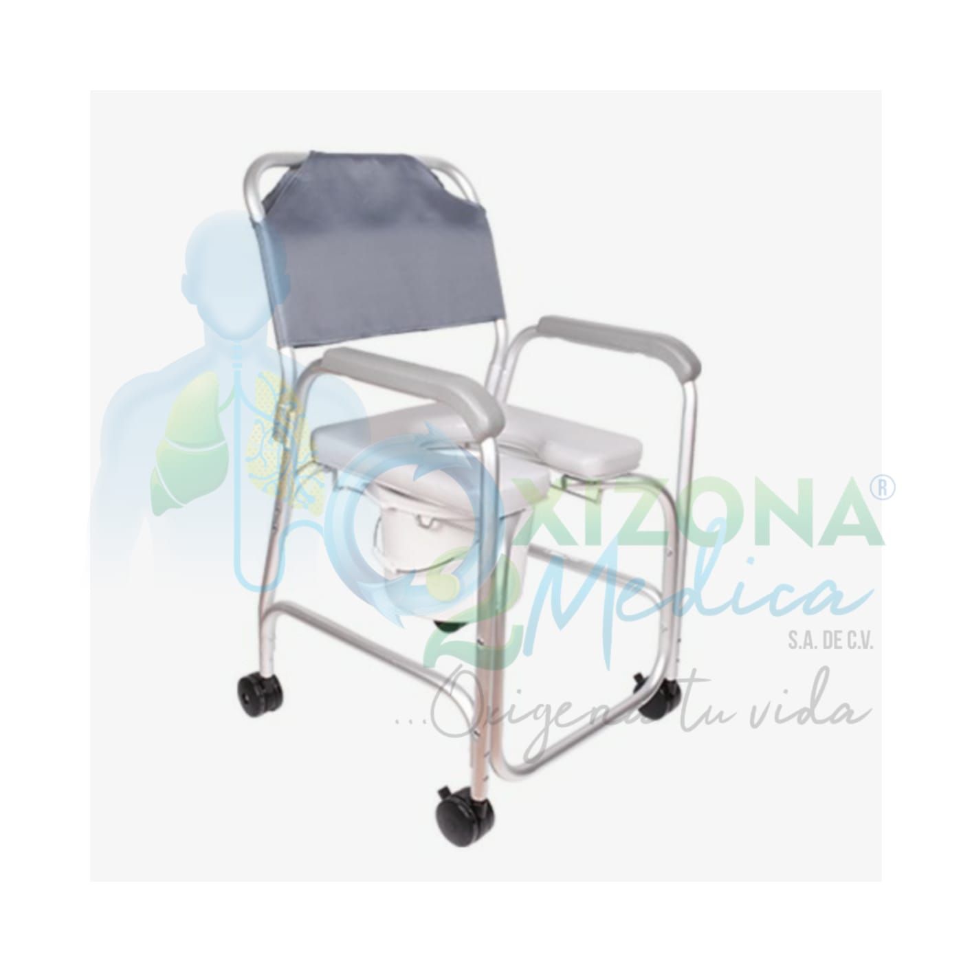 Silla comodo ducha R213093 con ruedas y acojinado respaldo gris REACTYIV