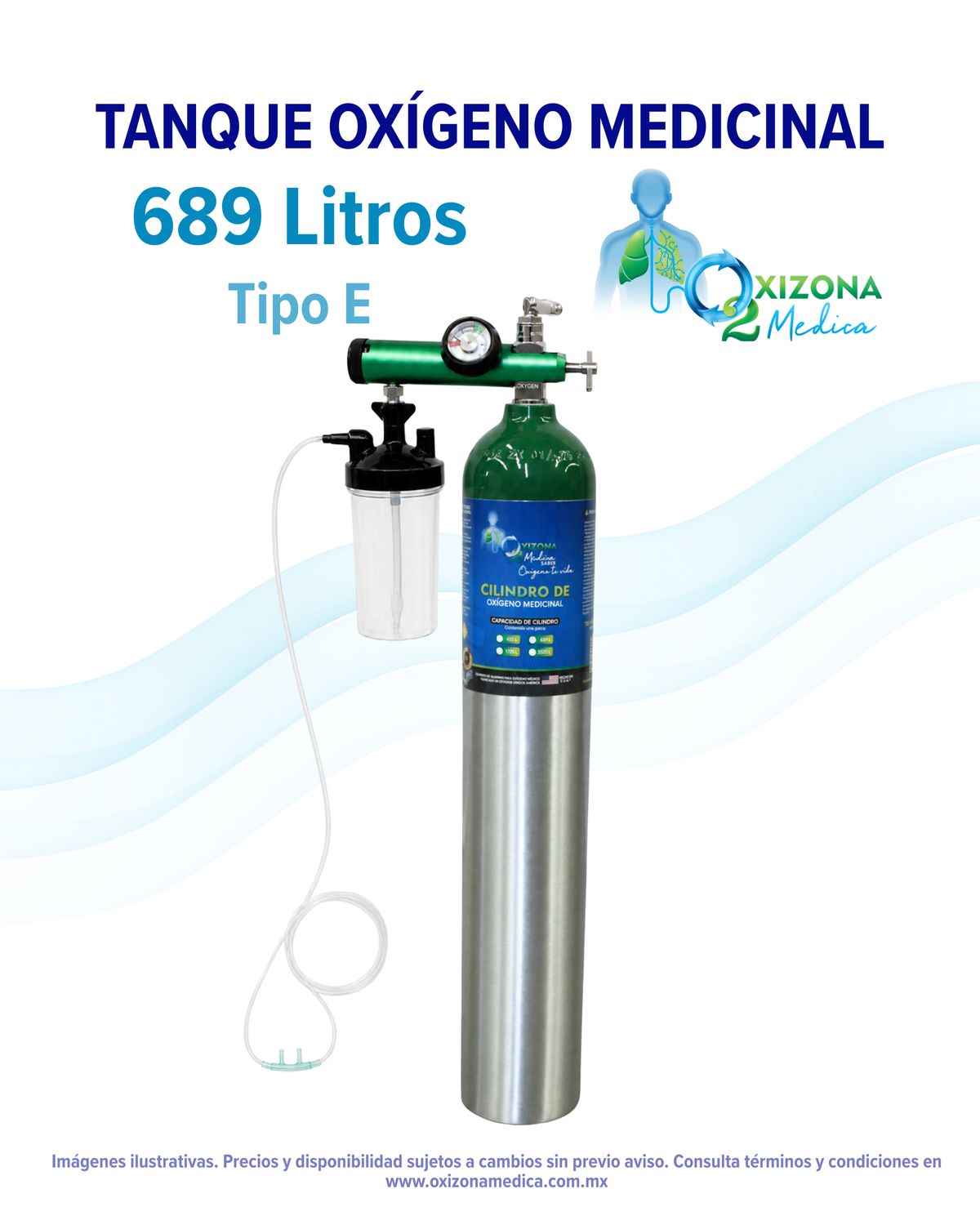 Tanque de OXIGENO Medicinal de 689 litros con kit de Oxígeno, regulador, (Tipo E)