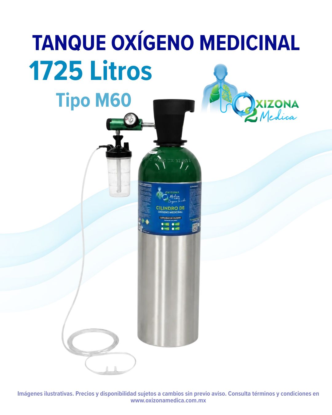 ​Tanque de OXIGENO Medicinal de 1725 litros con kit de Oxígeno, regulador y recarga (M60)