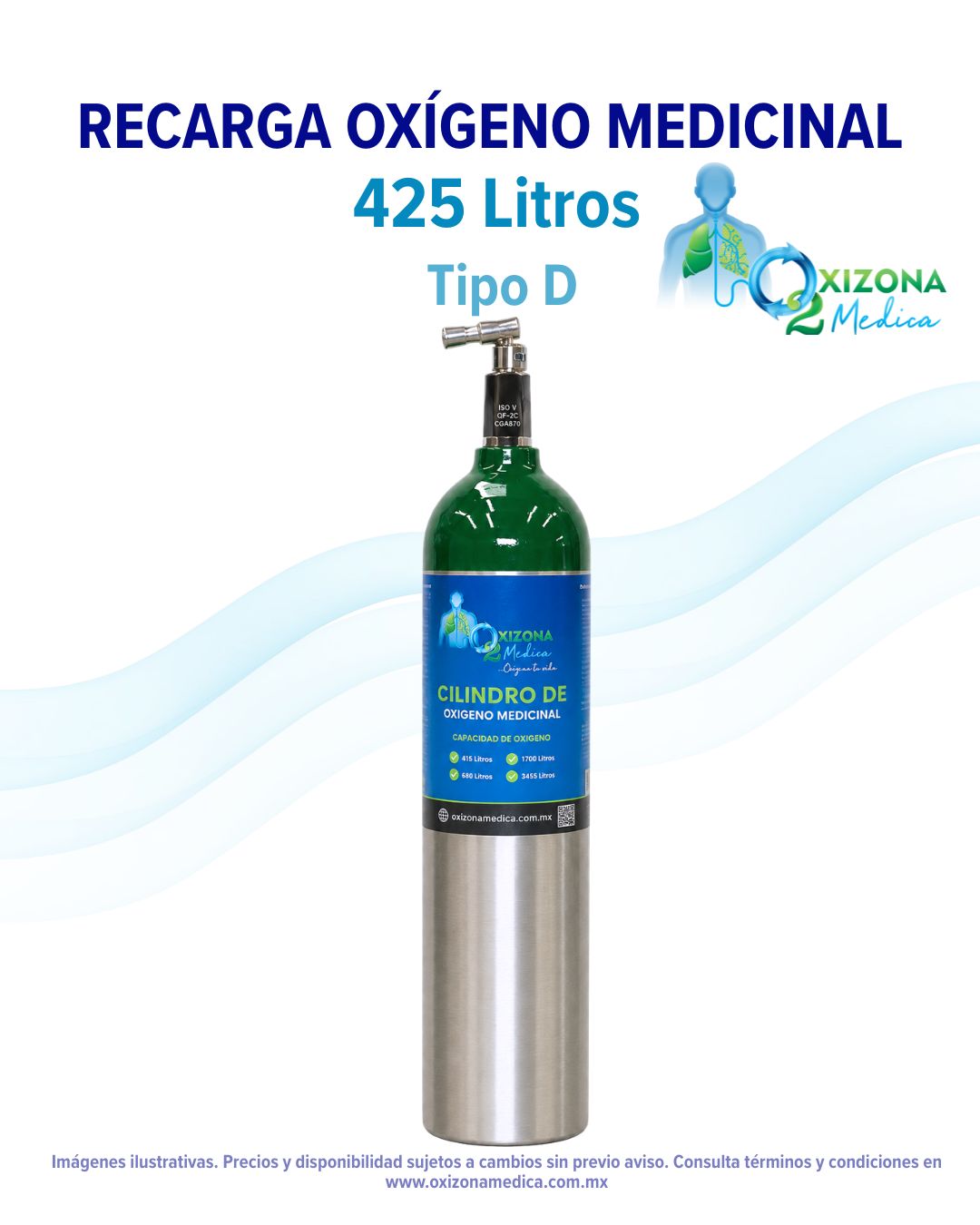 Recarga de oxigeno medicinal de 425 litros (Tipo D)