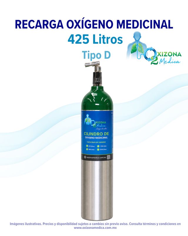 Recarga de oxigeno medicinal de 425 litros (Tipo D)
