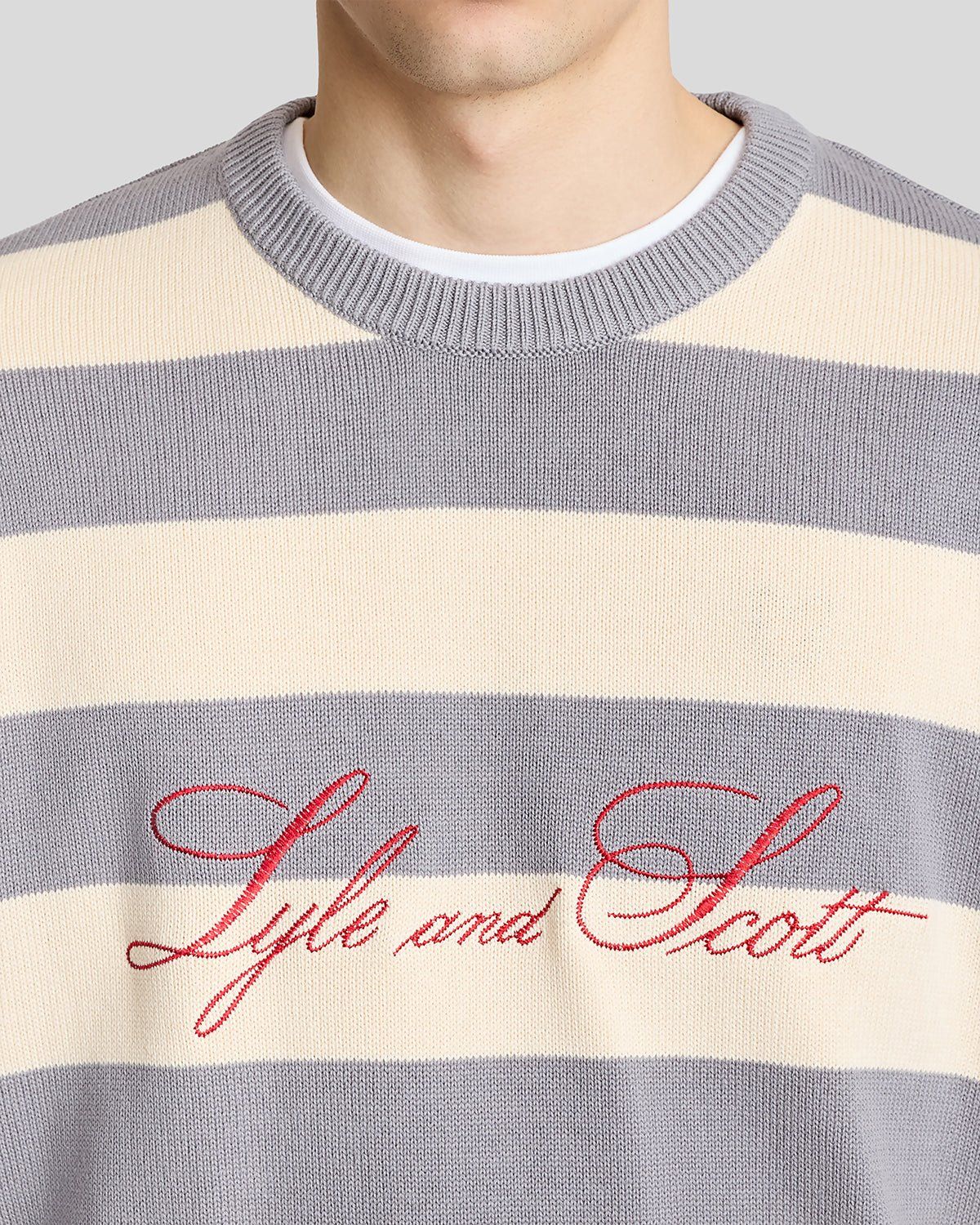 a STRIPED SCRIPT EMBROIDERED KNITTED PULLOVER LYLE &amp; SCOTT