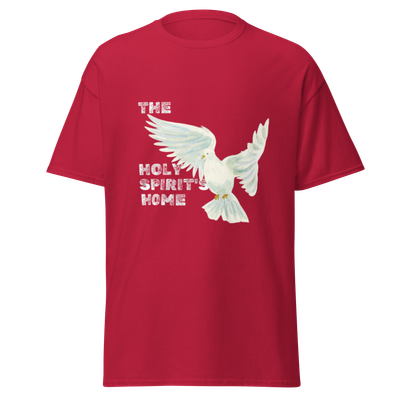 Red Holy Spirit T-shirt with white dove and "The Holy Spirit's Home" scripture text
