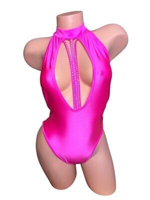 ​High Neck Neon Pink Keyhole Heart Bling Bodysuit