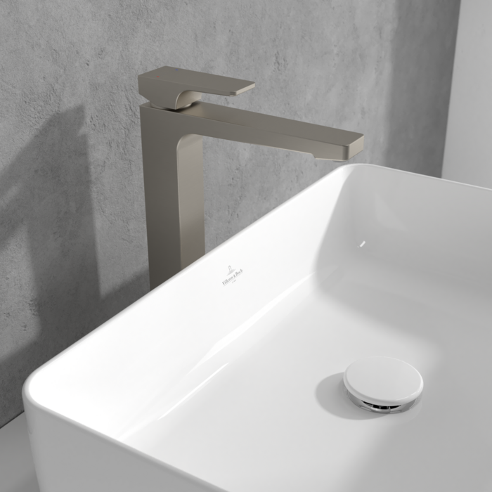 Villeroy &amp; Boch Architectura Square Tall single-lever basin mixer with push-open waste  Brushed Nic…